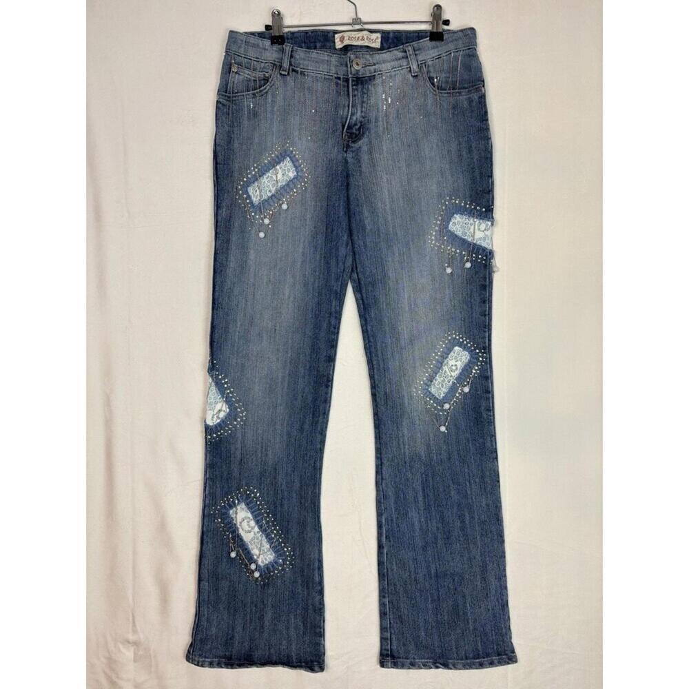 Rosa & Rose Embellished Jeans XL Y2K Bling 90s Embroidered Chain Fringe Beaded